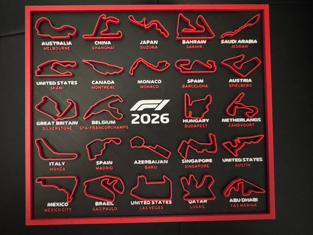 F1 2026 race calendar 3D wall art with red track outlines