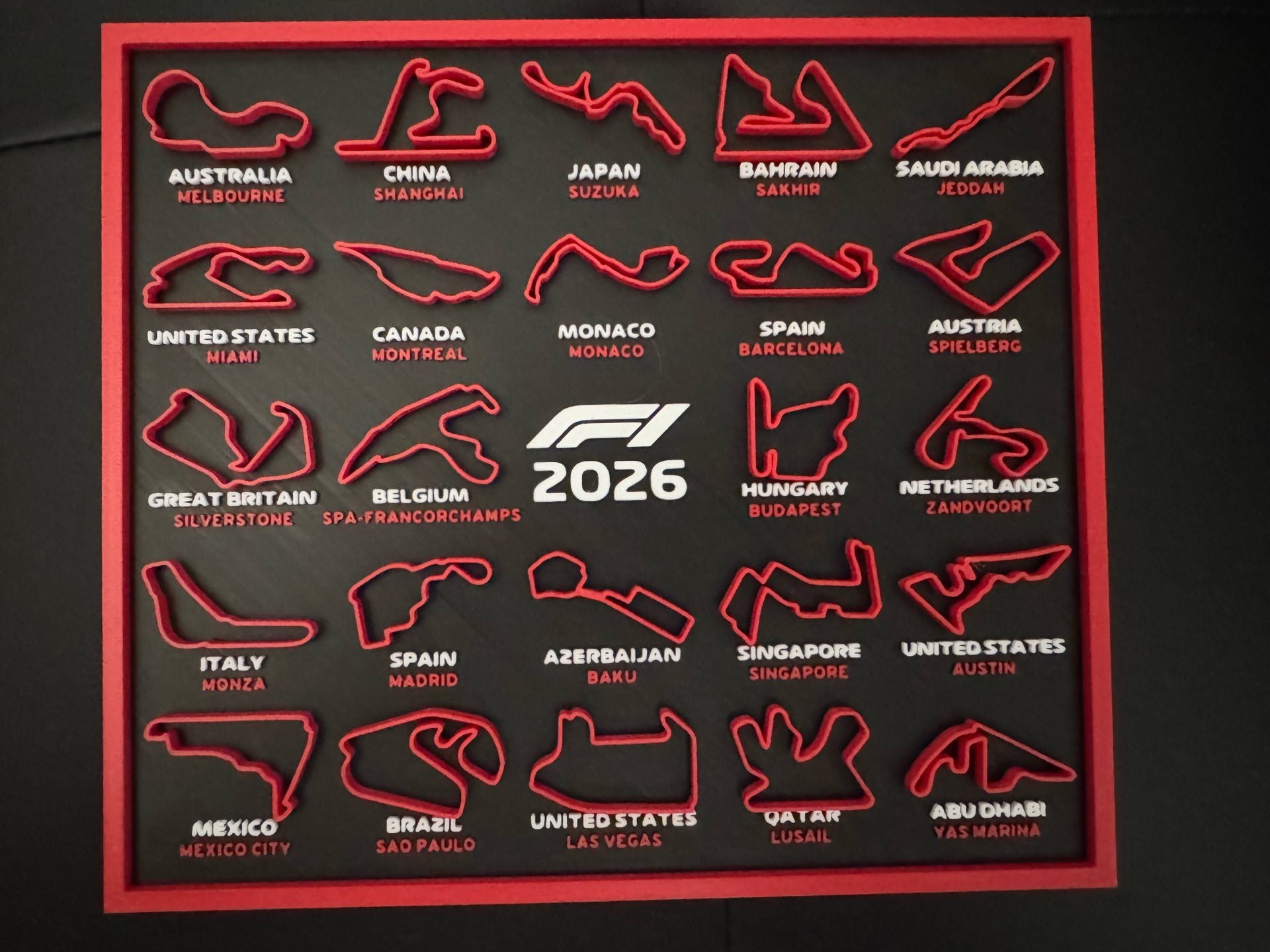 F1 2026 race calendar 3D wall art with red track outlines